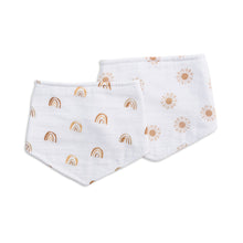 Load image into Gallery viewer, Two white bandana bibs with gold sun and rainbow patterns on a white background
