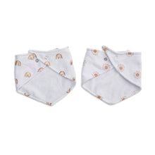 Load image into Gallery viewer, Two baby bibs with sun and rainbow patterns on a white background
