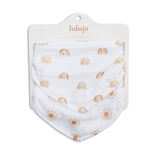 Load image into Gallery viewer, 2 Baby bibs with rainbow and sun pattern in packaging on a white background
