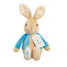 Load image into Gallery viewer, Stuffed toy rabbit in a blue outfit with a tag on a white background
