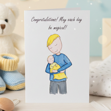 Load image into Gallery viewer, Greeting card with illustration of a father holding a baby, surrounded by baby items.
