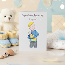 Load image into Gallery viewer, Greeting card with illustration of a father holding a baby, surrounded by baby items like shoes and a teddy bear.
