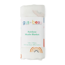 Load image into Gallery viewer, Gus + Beau Rainbow Muslin Blanket in packaging on a white background
