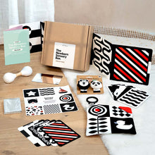 Load image into Gallery viewer, Newborn sensory box with cards, toys, and materials on a wooden surface.
