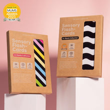 Load image into Gallery viewer, Two boxes of Sensory Flash Cards with a pink background and 'Made for Mums Awards 2021 Silver' badge.

