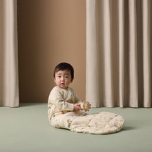Load image into Gallery viewer, Baby wearing a Ergo Sleeping Bag holding a toy against a beige curtain backdrop
