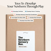 Load image into Gallery viewer, Newborn Sensory Box packaging with text highlighting developmental benefits on a beige background
