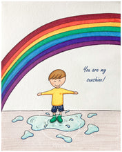 Load image into Gallery viewer, Illustration of a child standing on water with a rainbow and 'You are my sunshine!' text.
