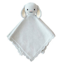 Load image into Gallery viewer, Light blue knitted bunny comfort blanket with a white background
