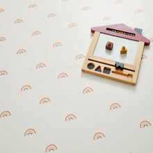 Load image into Gallery viewer, Wooden toy with geometric shapes on a white background with rainbow patterns
