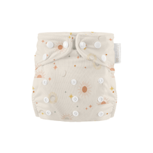 Load image into Gallery viewer, Beige cloth nappy with sun and moon pattern on a white background
