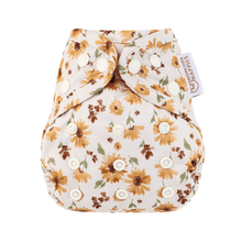 Load image into Gallery viewer, Floral-patterned nappy wrap with button closures on a white background
