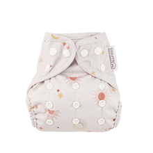 Load image into Gallery viewer, Reusable nappy cover with sun and moon pattern on a white background
