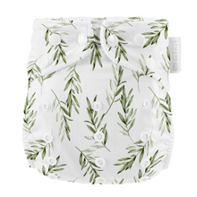 Load image into Gallery viewer, Reusable cloth nappy with green leaf pattern on a white background
