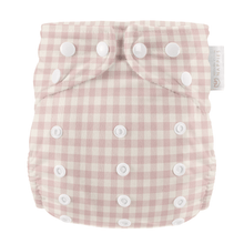 Load image into Gallery viewer, Pink and white checkered cloth nappy with white buttons on a white background

