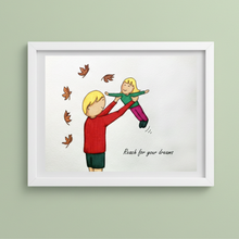 Load image into Gallery viewer, Framed illustration of a dad lifting a girl with leaves falling around, featuring the text 'Reach for your dreams', on a light green wall.
