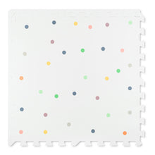 Load image into Gallery viewer, White foam mat with colourful polka dots on a white background
